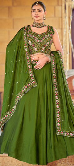 Green color Lehenga in Silk fabric with Bugle Beads work
