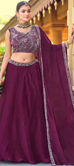 Purple and Violet color Lehenga in Silk fabric with Embroidered, Printed work