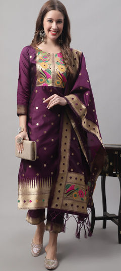 Purple and Violet color Salwar Kameez in Cotton, Silk fabric with Weaving work