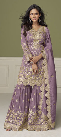 Purple and Violet color Salwar Kameez in Shimmer fabric with Embroidered, Mirror, Sequence, Thread, Zari work
