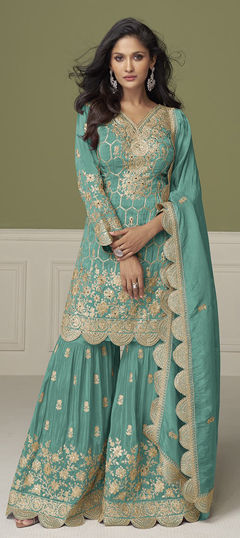 Blue color Salwar Kameez in Shimmer fabric with Embroidered, Mirror, Sequence, Thread, Zari work