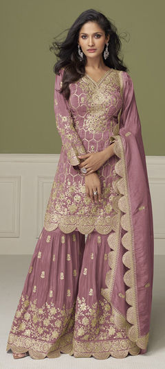 Pink and Majenta color Salwar Kameez in Shimmer fabric with Embroidered, Mirror, Sequence, Thread, Zari work