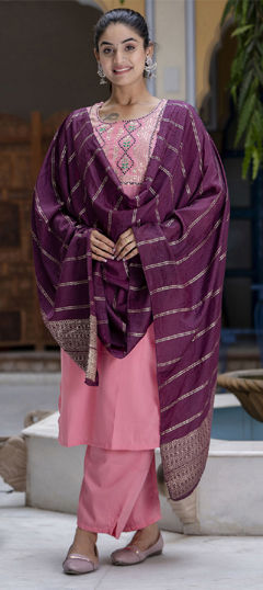 Pink and Majenta color Salwar Kameez in Silk cotton fabric with Embroidered, Sequence, Thread, Zari work
