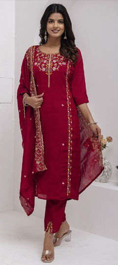 Red and Maroon color Salwar Kameez in Viscose fabric with Embroidered, Resham, Thread, Zari work