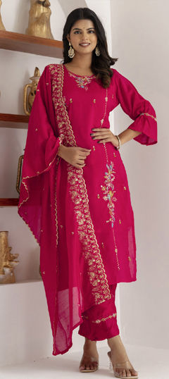 Pink and Majenta color Salwar Kameez in Viscose fabric with Embroidered, Resham, Thread, Zari work