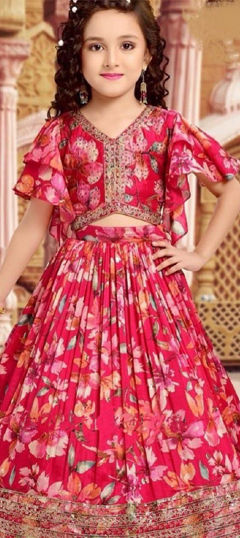 Pink and Majenta color Kids Lehenga in Faux Georgette fabric with Embroidered, Floral, Printed, Zari work