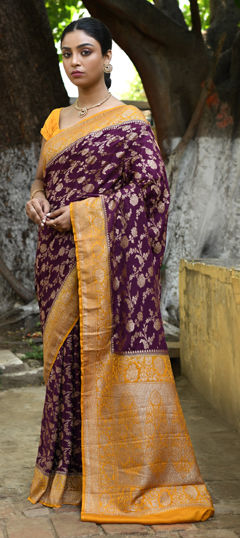 Purple and Violet color Saree in Chiffon, Crepe Silk fabric with Border, Zari work