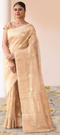 Gold color Saree in Banarasi Silk, Tissue fabric with Border, Zari work