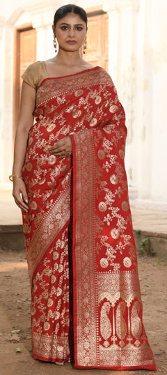 Red and Maroon color Saree in Banarasi Silk fabric with Border, Zari work