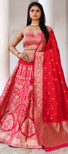 Red and Maroon color Lehenga in Chiffon, Crepe Silk fabric with Border, Zari work