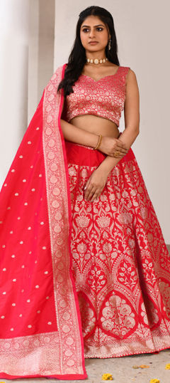 Red and Maroon color Lehenga in Chiffon, Crepe Silk fabric with Border, Zari work