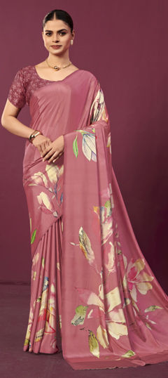Pink and Majenta color Saree in Crepe Silk fabric with Digital Print, Floral work