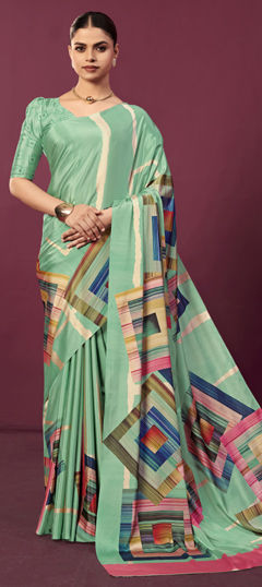 Green color Saree in Crepe Silk fabric with Digital Print, Floral work