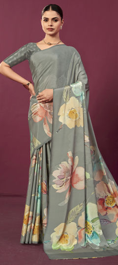 Black and Grey color Saree in Crepe Silk fabric with Digital Print, Floral work