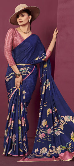 Blue color Saree in Crepe Silk fabric with Digital Print, Floral work