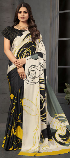 Black and Grey color Saree in Crepe Silk fabric with Digital Print work