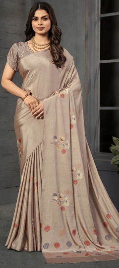 Black and Grey color Saree in Crepe Silk fabric with Digital Print work