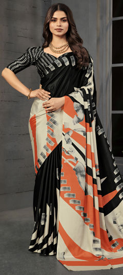 Black and Grey color Saree in Crepe Silk fabric with Digital Print work