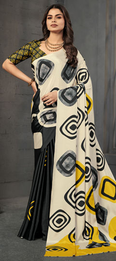 Black and Grey color Saree in Crepe Silk fabric with Digital Print work