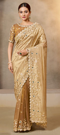 Beige and Brown color Saree in Tissue fabric with Embroidered, Sequence, Stone, Zardozi work