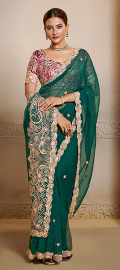 Green color Saree in Organza Silk fabric with Stone, Thread work