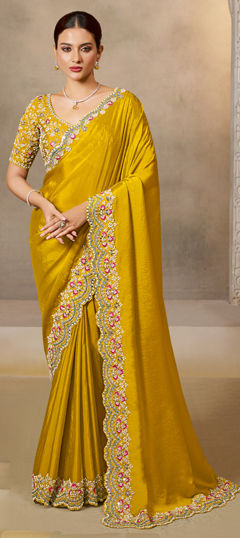 Yellow color Saree in Satin Silk fabric with Embroidered, Sequence, Stone work