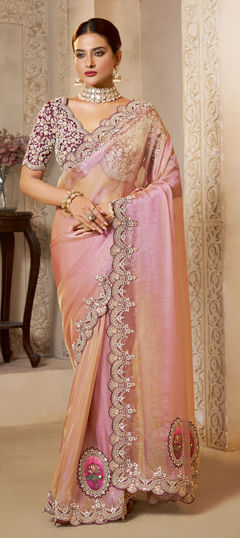 Pink and Majenta color Saree in Organza Silk fabric with Embroidered, Sequence, Stone work