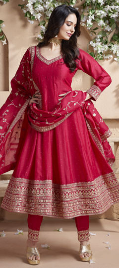 Pink and Majenta color Salwar Kameez in Silk fabric with Embroidered, Zari work