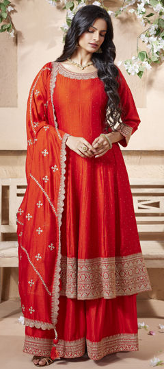 Red and Maroon color Salwar Kameez in Silk fabric with Embroidered, Zari work