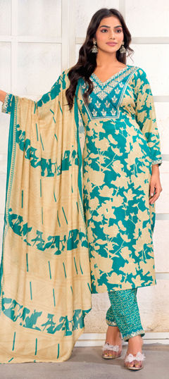 Blue, White and Off White color Salwar Kameez in Rayon fabric with Embroidered, Printed, Resham, Zari work