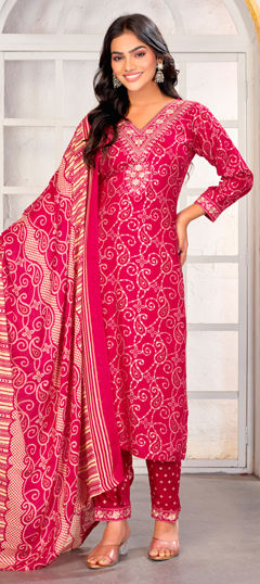 Pink and Majenta color Salwar Kameez in Rayon fabric with Embroidered, Printed, Resham, Zari work