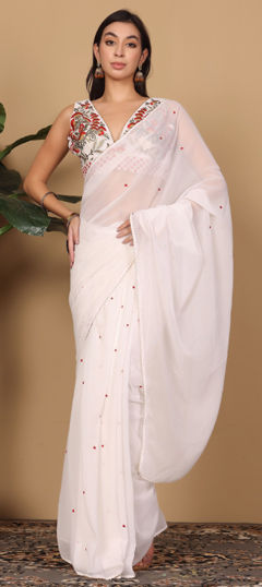 White and Off White color Readymade Saree in Georgette fabric with Embroidered work