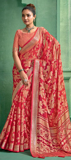 Red and Maroon color Saree in Brasso fabric with Kasab, Zari work