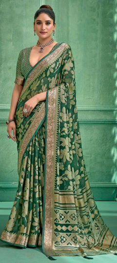 Green color Saree in Brasso fabric with Kasab, Zari work