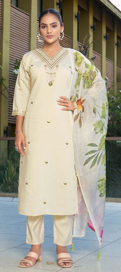 Beige and Brown color Salwar Kameez in Roman Silk fabric with Embroidered work