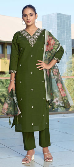 Green color Salwar Kameez in Roman Silk fabric with Embroidered work