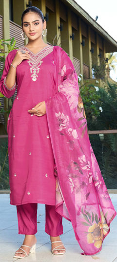 Pink and Majenta color Salwar Kameez in Roman Silk fabric with Embroidered work