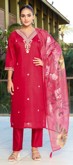 Red and Maroon color Salwar Kameez in Roman Silk fabric with Embroidered work