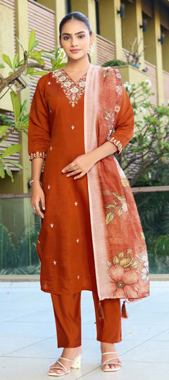 Red and Maroon color Salwar Kameez in Roman Silk fabric with Embroidered work