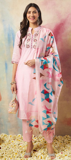 Pink and Majenta color Salwar Kameez in Chanderi Silk fabric with Embroidered, Sequence, Thread work