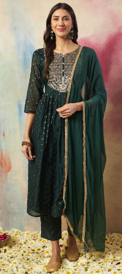 Green color Salwar Kameez in Silk cotton fabric with Embroidered, Sequence, Thread work