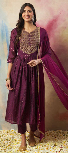 Purple and Violet color Salwar Kameez in Silk cotton fabric with Embroidered, Sequence, Thread work