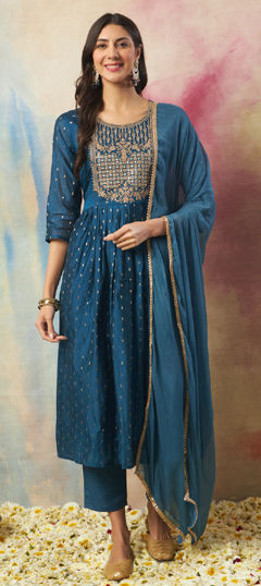 Blue color Salwar Kameez in Silk cotton fabric with Embroidered, Sequence, Thread work