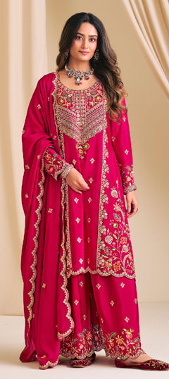 Pink and Majenta color Salwar Kameez in Chinon Silk fabric with Embroidered, Stone work