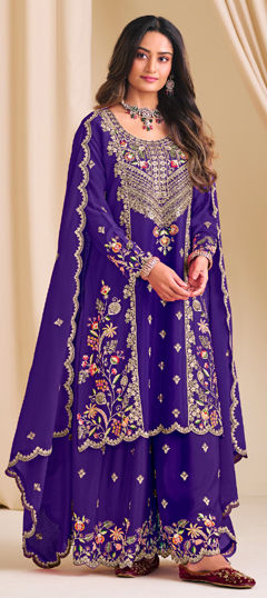 Blue color Salwar Kameez in Chinon Silk fabric with Embroidered, Stone work