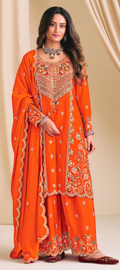 Orange color Salwar Kameez in Chinon Silk fabric with Embroidered, Stone work
