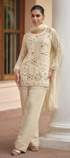 Beige and Brown color Salwar Kameez in Georgette fabric with Moti, Sequence work