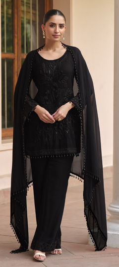 Black and Grey color Salwar Kameez in Georgette fabric with Moti, Sequence work
