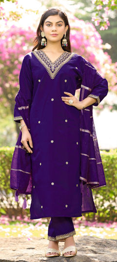 Purple and Violet color Salwar Kameez in Roman Silk fabric with Embroidered work