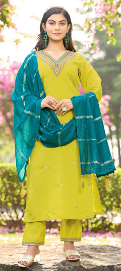 Yellow color Salwar Kameez in Roman Silk fabric with Embroidered work